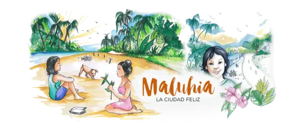 Ilustración de Maluhia: un momento de lectura y calma junto al mar