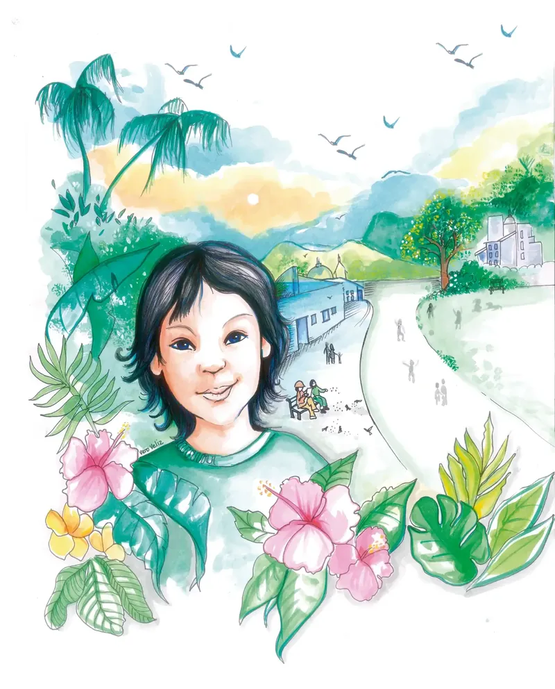 Una niña entre flores tropicales en la ciudad de Maluhia